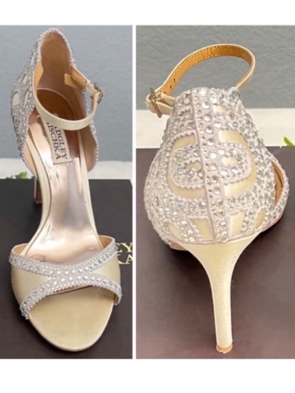 Badgley Mischka Silver Crystal-Embellished Ankle-Strap Heels Size 7.5